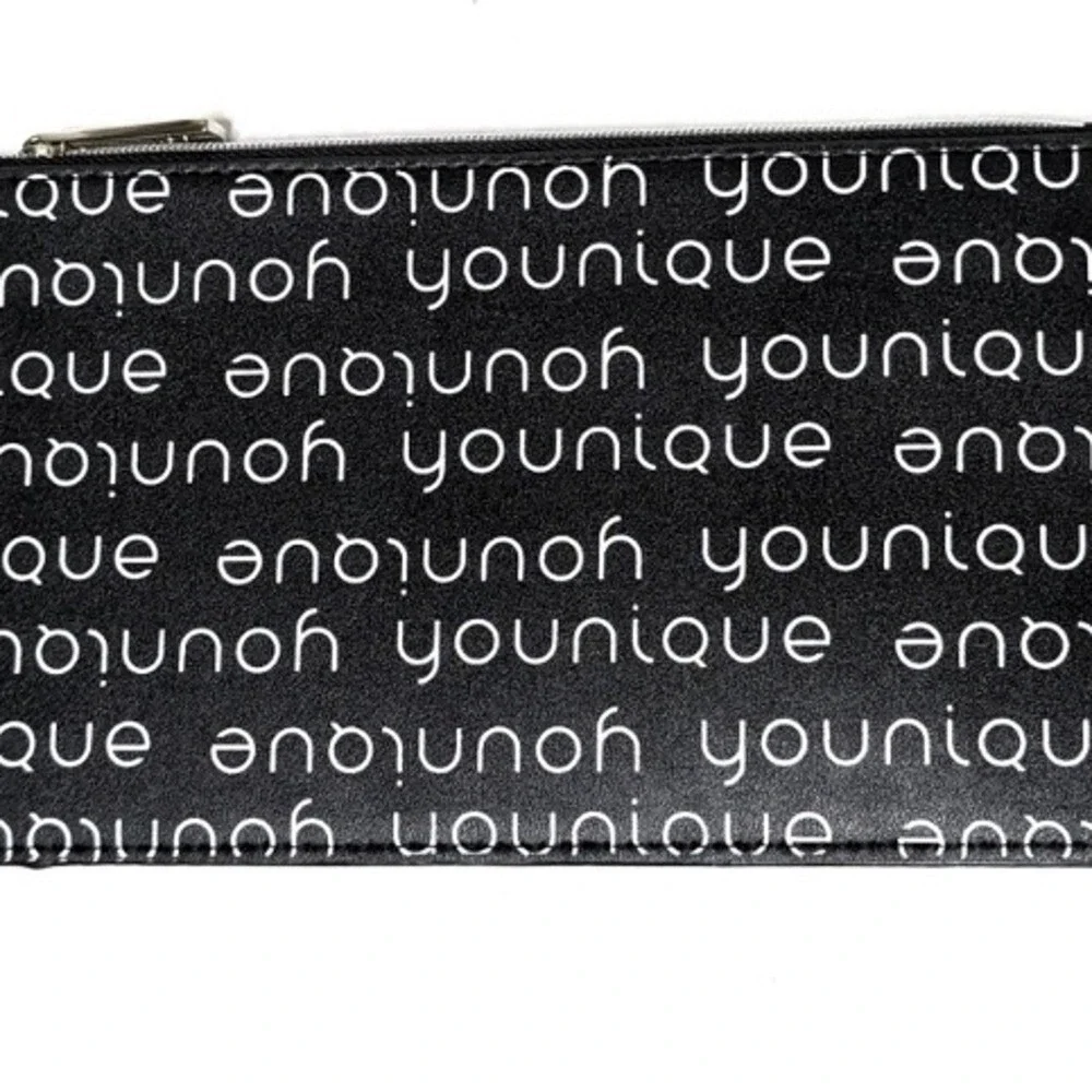 Younique Black White Logo Print Zipper Pouch Makeup Bag Cosmetic Clutch Slim
